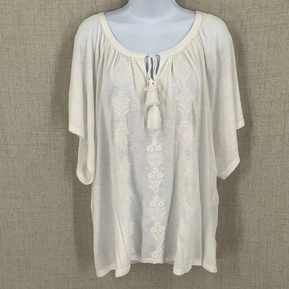 Lucky Brand Peasant Top Women 2X White‎ Cotton Embroidered Boho Tassel NEW